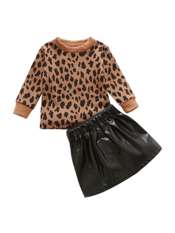 2 Pieces Baby Kid Girl Leopard Outfit Top Matching PU Skirt