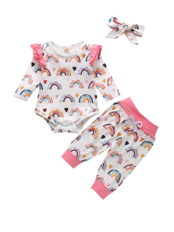 3 Pieces Baby Girl Rainbow Set Flutter Sleeve Bodysuit & Pants & Headband