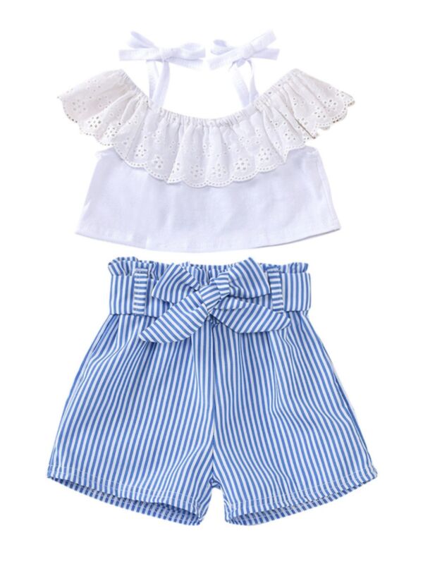 2 PCS Toddler Girl Off Shoulder Withe Stripe Belted Shorts Set