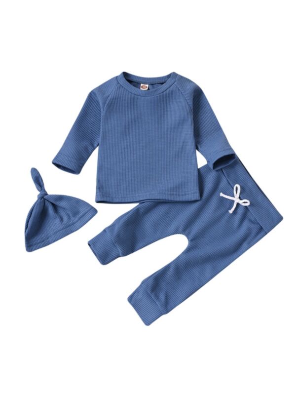 3 Pieces Baby Unisex Solid Color Top & Pants & Hat Set