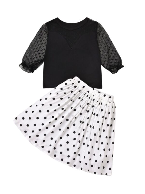 2 Pieces Kid Girl Polka Dots Mesh Sleeve Top & Skirt Set