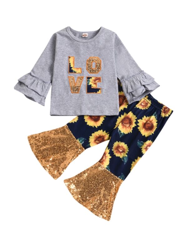 2 Pieces Kid Girl Set Tiered Bell Sleeve Top & Sunflower Flared Pants