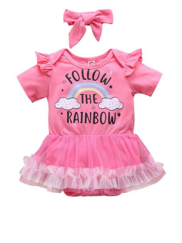 2 Pieces Infant Girl Follow The Rainbow Mesh Bodysuit Dress & Headband
