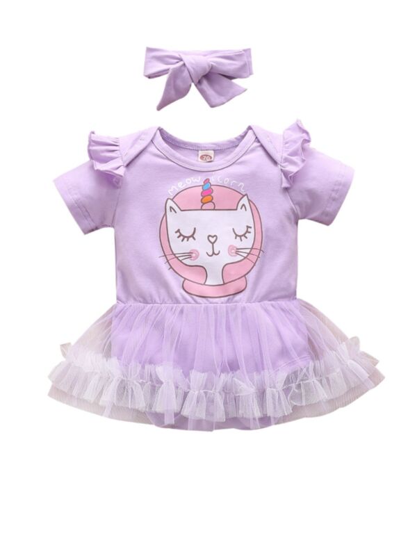 2 Pieces Infant Girl Meow Unicorn Bodysuit Dress & Headband