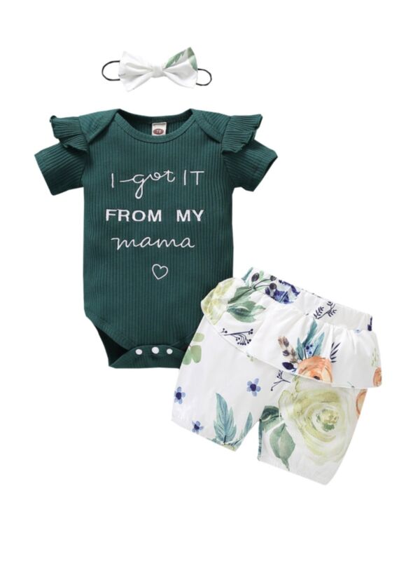 3 Pieces Baby Girl I Got It From My Mama Floral Set Bodysuit & Shorts & Headband