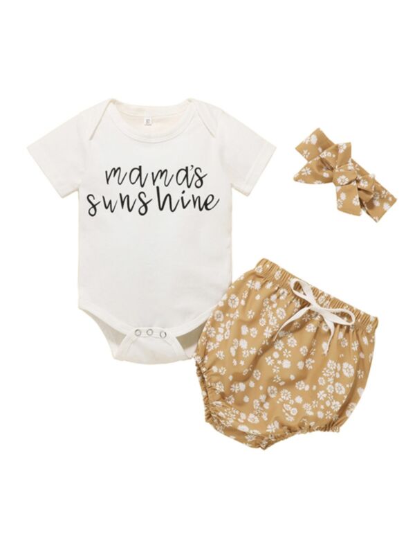 3 Pieces Baby Girl Mama's Sunshine Set Bodysuit & Print Shorts & Headband