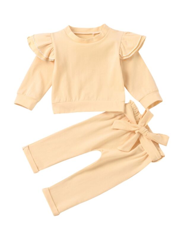 2 PCS Baby Girl Flutter Sleeve Top Matching Belted Pants Set 