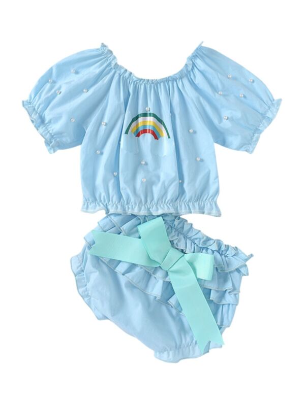2 Pieces Baby Girl Rainbow Beaded Top With Layered Shorts 