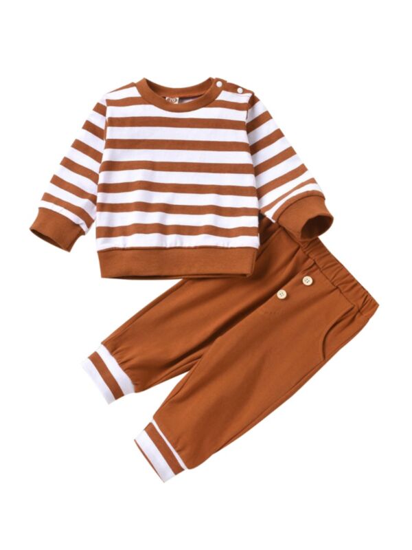 2 PCS Baby Stripe Top Withe Button Pants Set