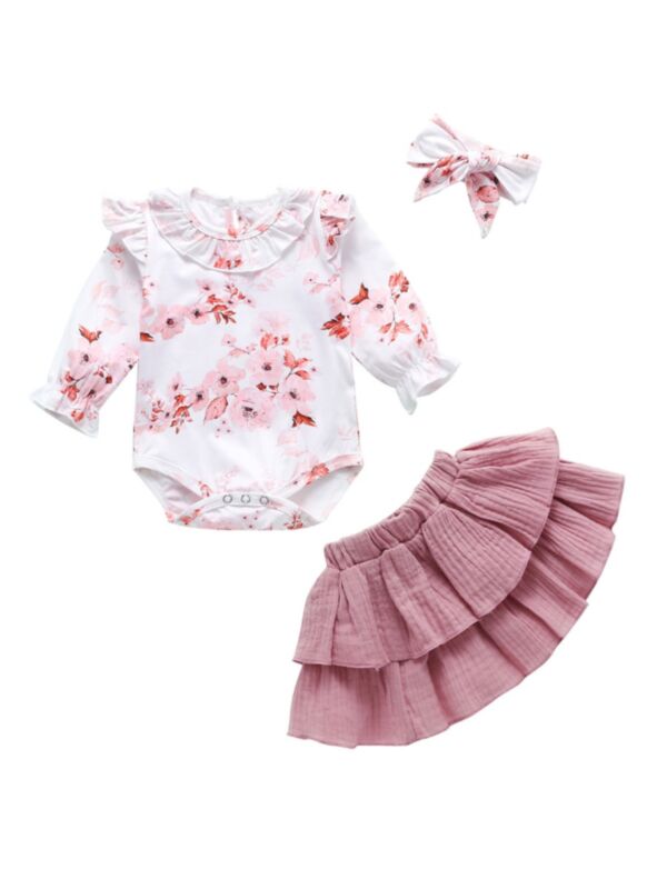 3 Pieces Baby Girl Flower Bodysuit & Muslin Skirt & Headband Set