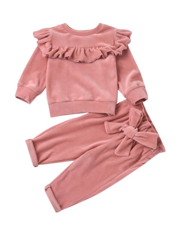 2 Pieces Infant Girl Solid Color Set Doll Collar Top And Belted Pants