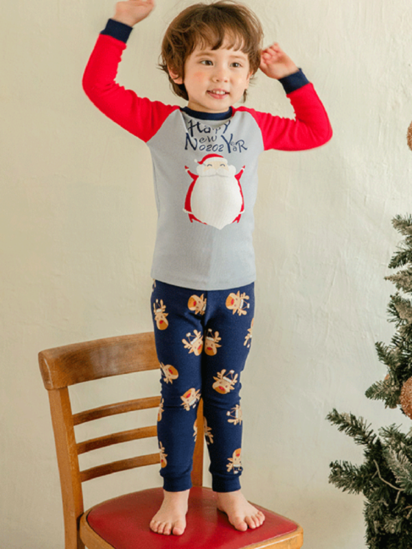 2-Piece Kid Boy Christmas Color Blocking Loungewear Set Top With Pants