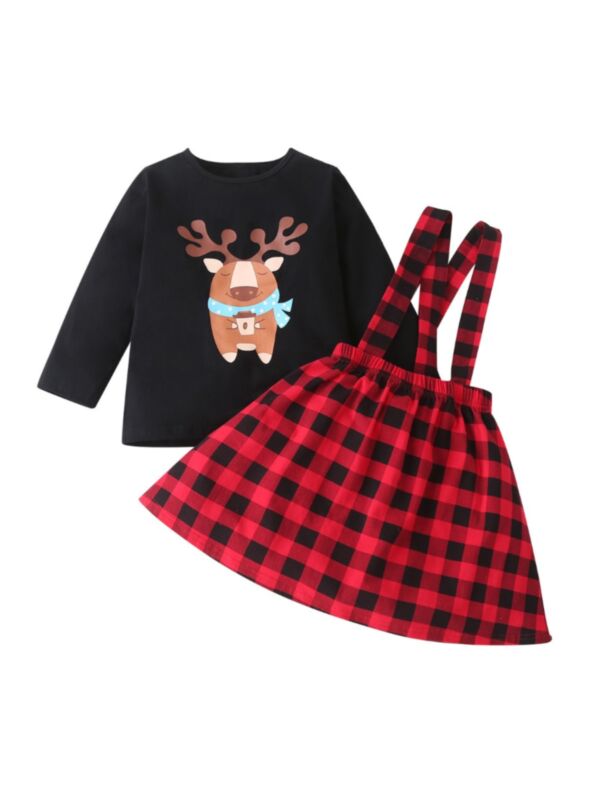2 Pieces Kid Girl Deer Black Tee & Plaid Suspender Dress