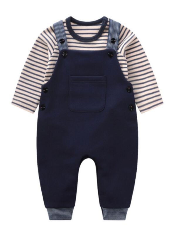 2 Pieces Baby Boy Casual  Outfit Stripe Bodysuit  & Overall Pants