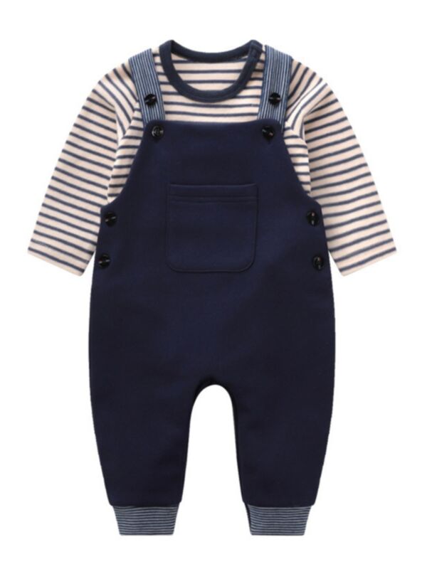 2 Pieces Baby Boy Casual Outfit Stripe Bodysuit & Overall Pants