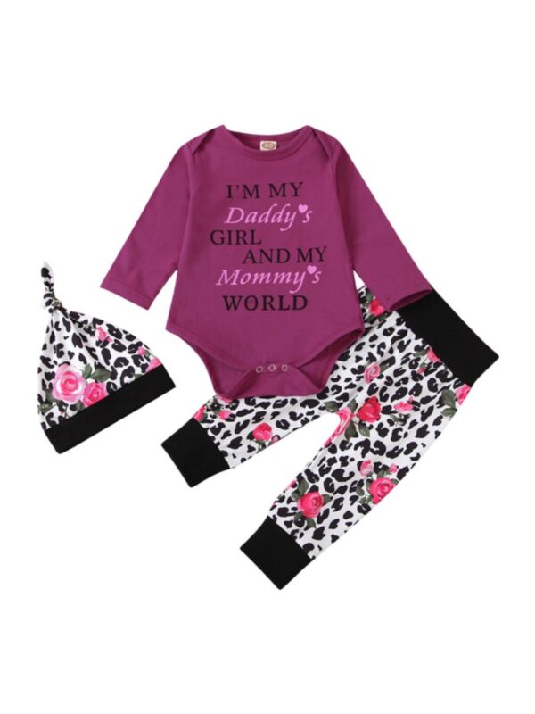 3 Pieces Baby Girl I'm My Daddy's Girl And My Mommy's World Flower Leopard Set
