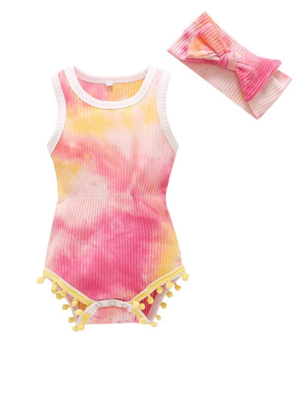 2-Piece Infant Baby Girl Tie Dye Pom Pom Bodysuit With Headband
