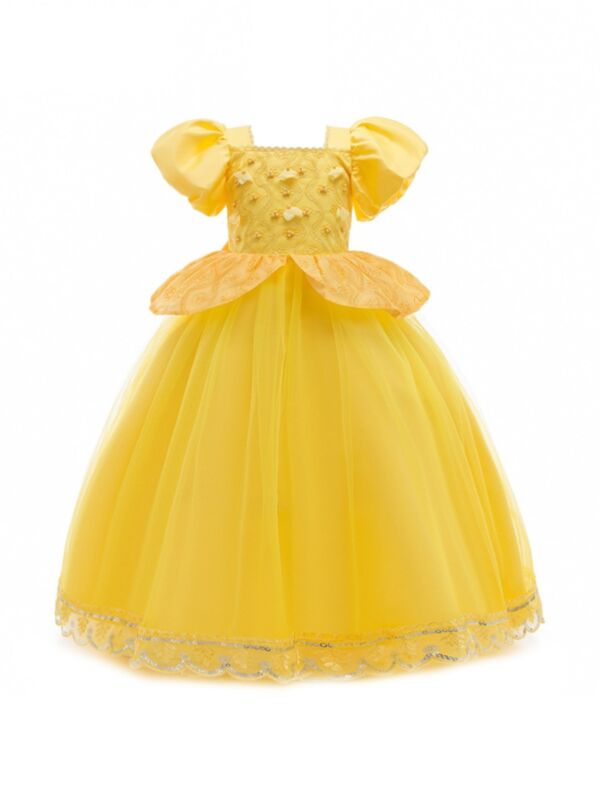Kid Girl Puff Sleeve Beaded Mesh Cosplay Party Princess Dress