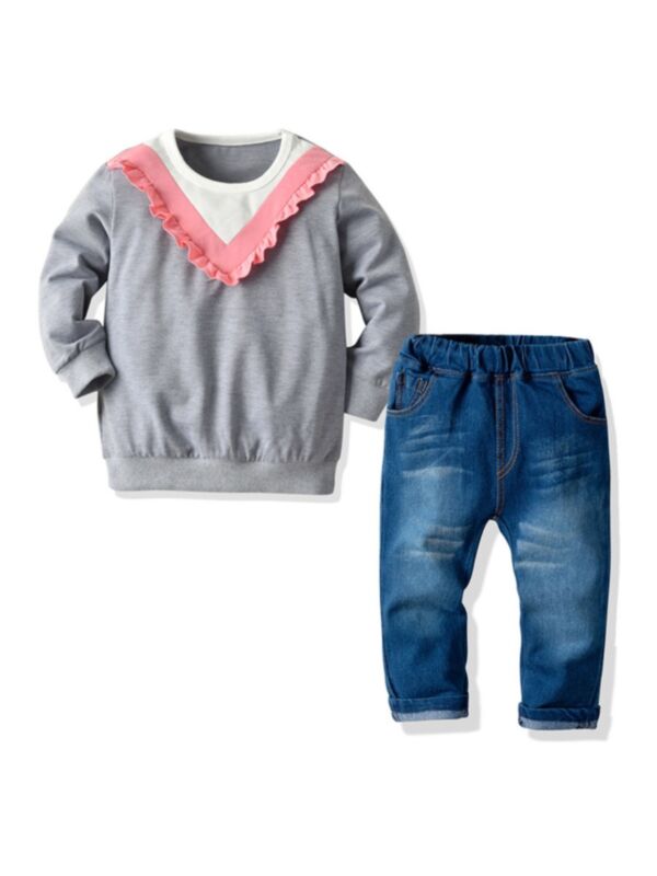 2 Pieces Kid Girl Stripe Top Matching Denim Pants Outfit