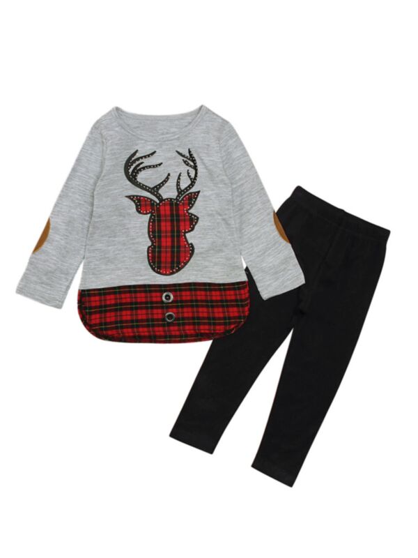2 Pieces Kid Girl Christmas Set Deer Check Top Matching Pants