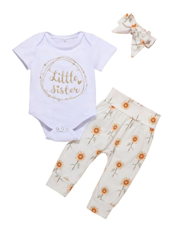3 Pieces Baby Girl Little Sister Sunflower Set Bodsuit Matching Pants 