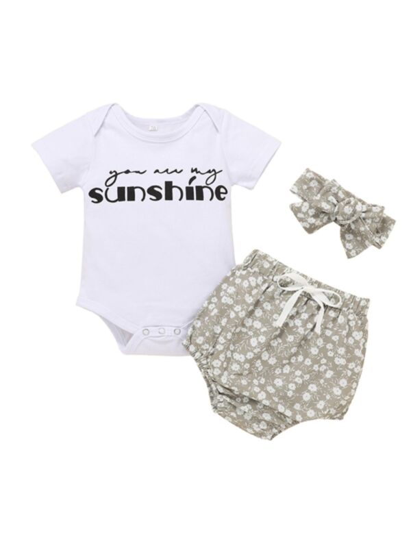 3 Pieces Baby Girl Set You are my sunshine Bodysuit & Flower Shorts & Headband