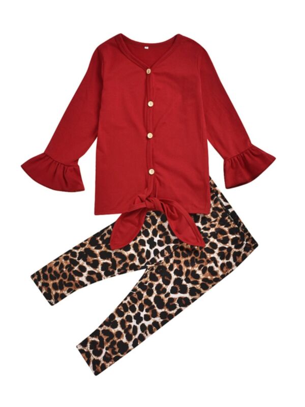2 PCS Kid Girl Flared Sleeve Self Tie Top Matching Leopard Pants Outfit