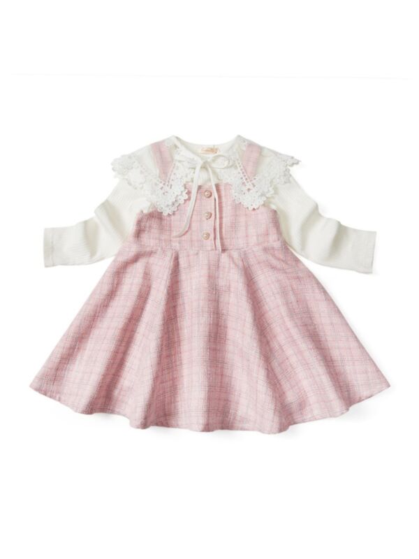 3 Pieces Kid Girl Checked Set Ribbed Top & Suspender Skirt & False Collar
