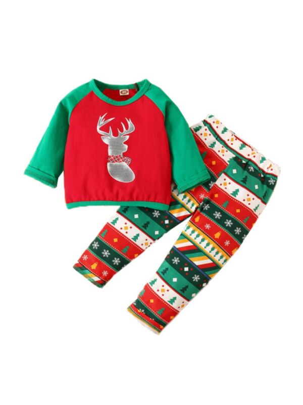 2-Piece Kid Christmas Loungewear Set Color Blocking Top And Pants