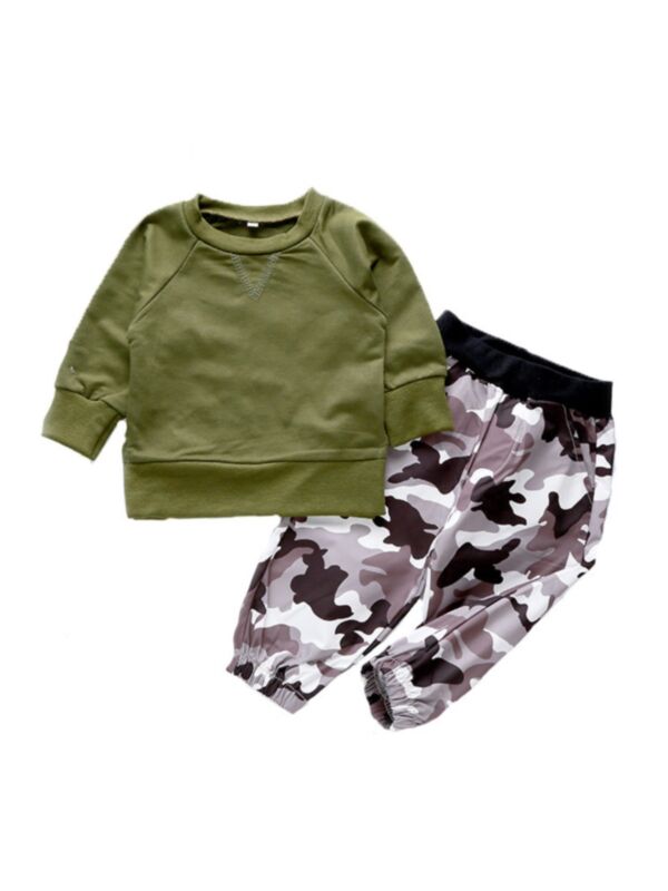 Two-piece Baby Army Green Top Matching Camouflage Pants Outfit