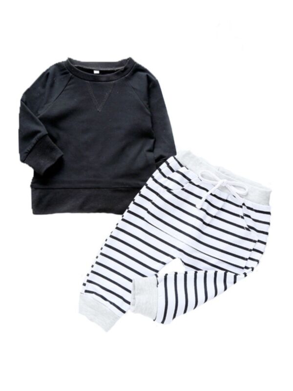 Two Pieces Baby Black Top Matching Stripe Pants Set