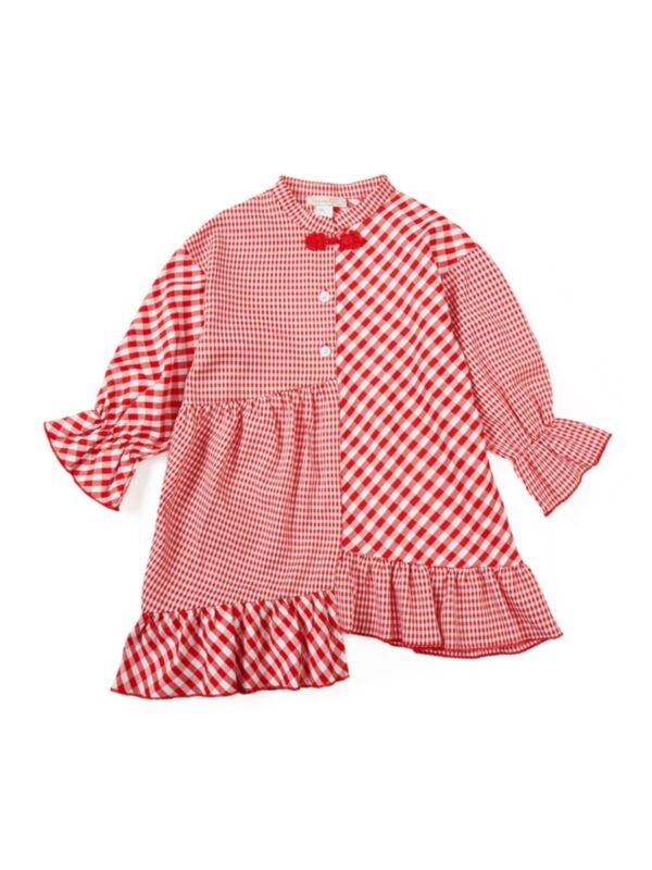 Kid Girl Colorblock Striped Checked Irregular Hem Dress