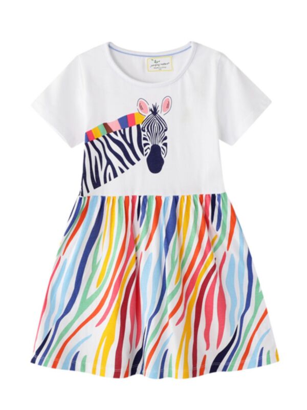 Kid Girl Short Sleeve Zebra Rainbow Dress