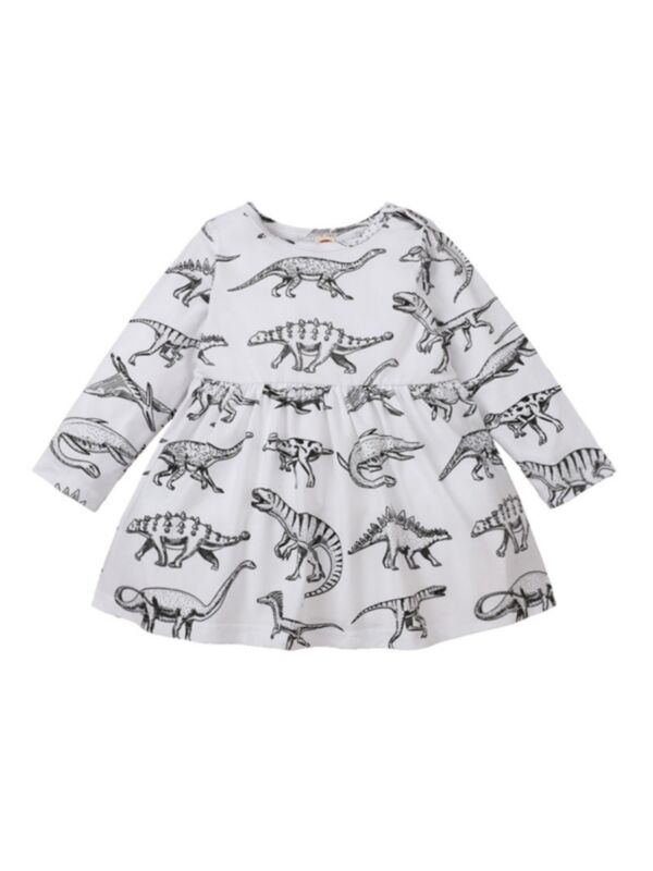Infant Toddler Girl Dinosaur Print Dress In White