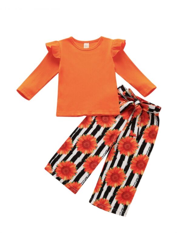 Two Pieces Kid Girl Ribbed Flutter Sleeve Top With Sunflower Pants Set 