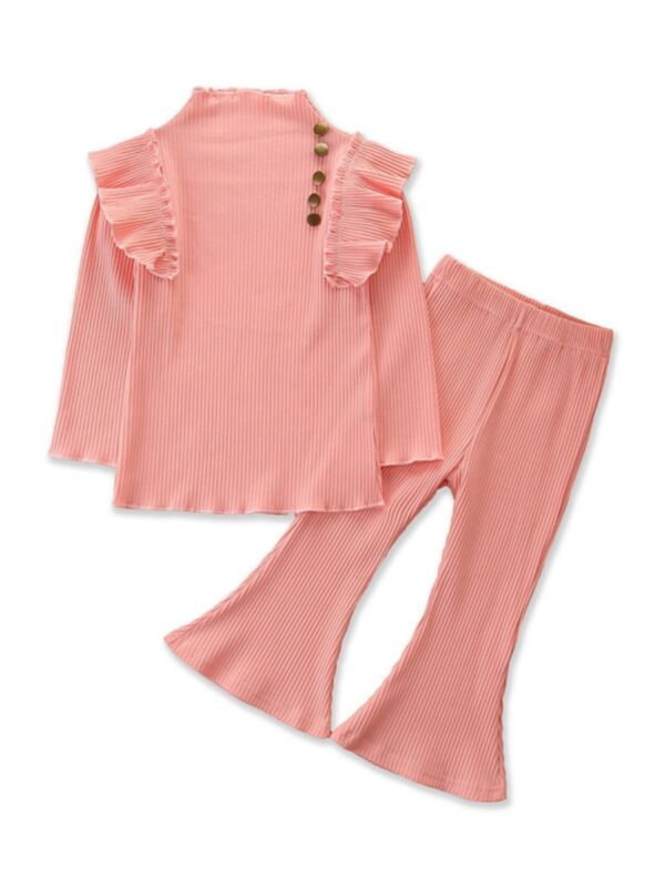 2 Pieces Kid Girl Flutter Sleeev Turtle Neck Top Matching Flared Pants Set