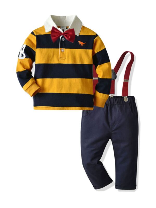 4 Pieces Kid Boy Set Yellow Stripe Polo Shirt & Pants & Suspnder & Tie