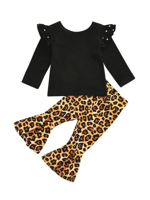 2 Pieces Baby Kid Girl Set Flutter Sleeve Top And Leopard Bell Bottoms