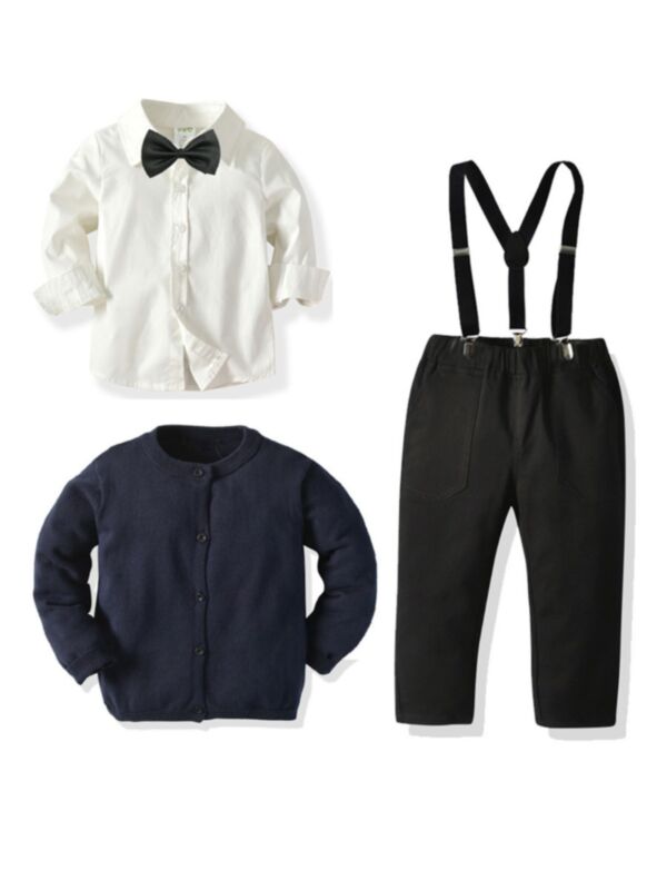 5 Pieces Kid Boy Gentleman Set Bowtie Shirt & Suspender Pants & Knitted Cardigan