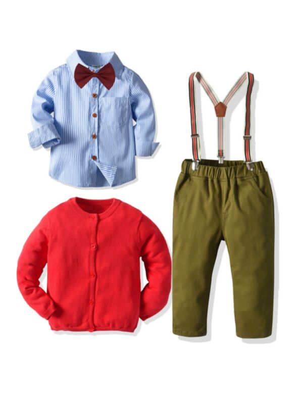 5 Pieces Kid Boy Gentleman Set Stripe Bowtie Shirt & Suspender Pants & Knitted Cardigan