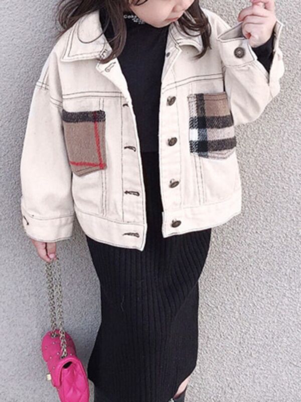 Kid Girl Checked Pocket Denim Jacket Wholesale Girls Clothes