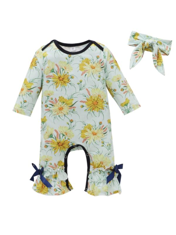 2 Pieces Baby Girl Floral Flared Leg Jumpsuit With headband