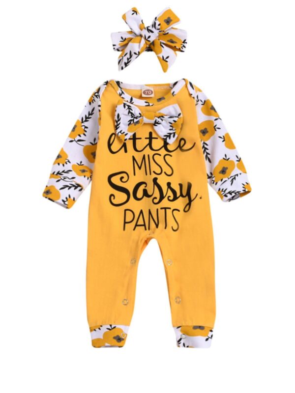 2 Pieces Baby Girl Little Miss Sassy Pants Floral Jumpsuit With Headband