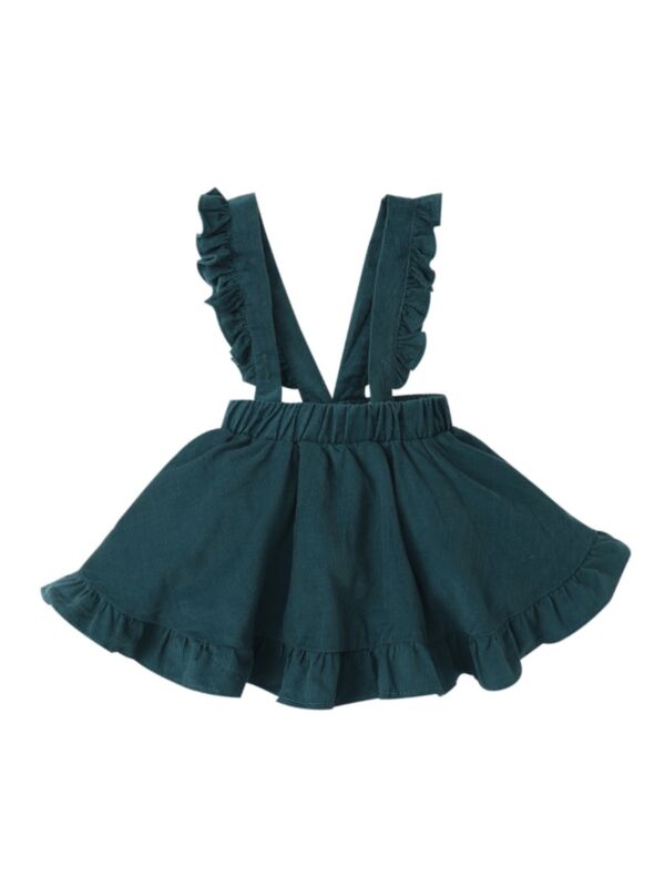 Baby Kid Girl Green Corduroy Ruffle Decor Suspender Skirt