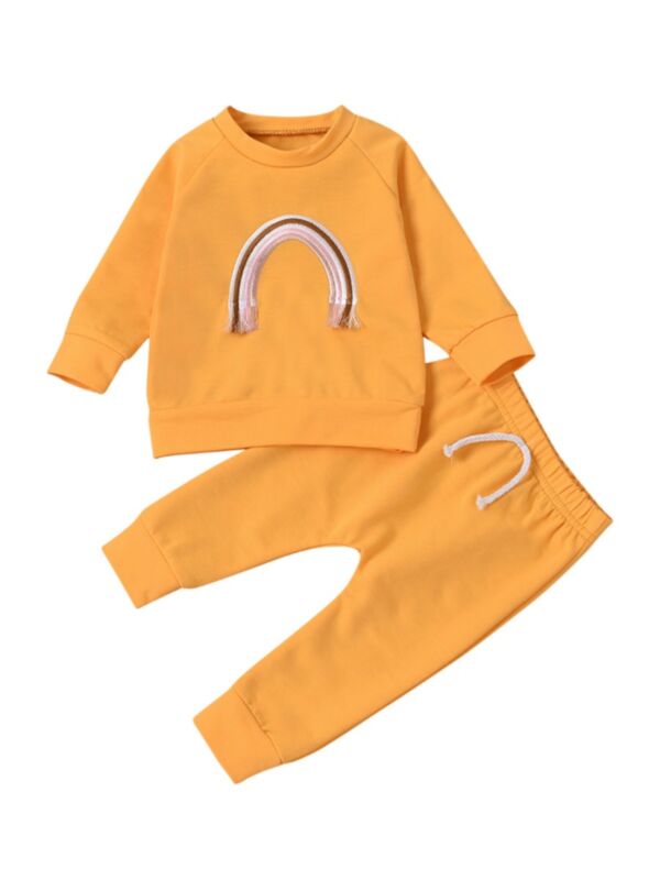 Two-piece Baby Girl Rainbow Outfit Top Matching Pants In Yellow