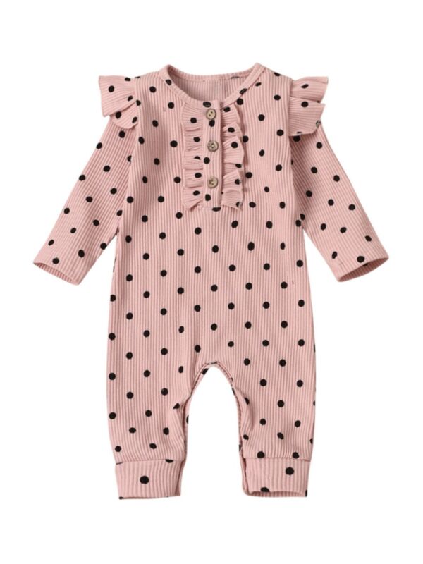 Baby Girl Flutter Sleeve Polka Dots Ribbed Jumpsuit