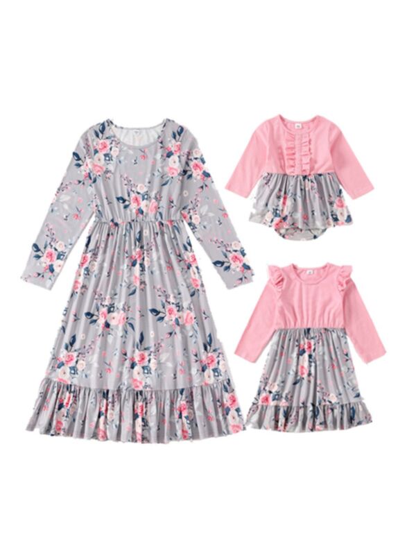 Mommy And Me Flower Print Casual Holiday Dress In Pink