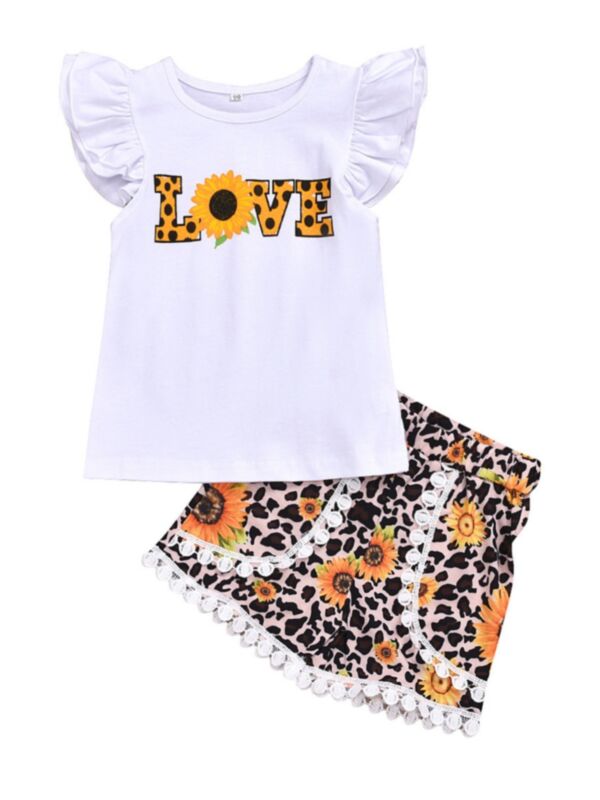 2 Pieces Kid Girl Love Leopard Sunflower Set Top With Shorts