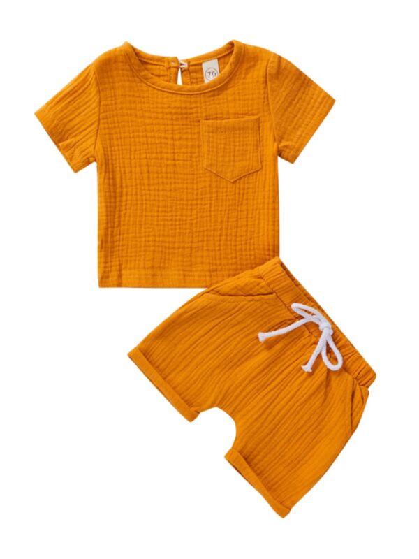 2 Pieces Baby Toddler Unisex Solid Color Muslin Top With Shorts Set