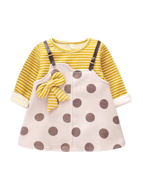 Baby Girl Striped Polka Dot Print Fake Two Piece Dress 